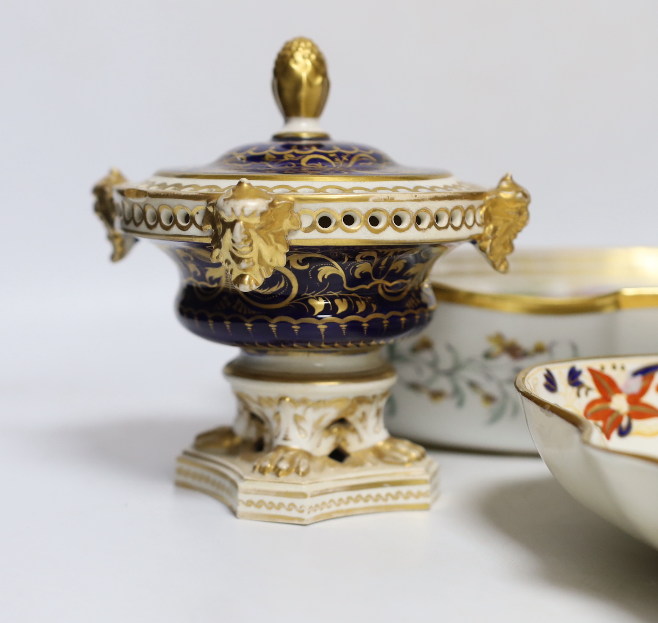 A pair of 19th century Derby pot pourri, a Wedgwood Imari dish, an early 19th century Paris porcelain dish and a Limoges trinket box